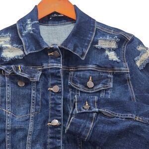 Fashion‎ Nova Women's Dark Wash Denim Jean Jacket Distressed Cropped Size L